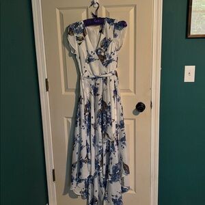 Lulu's White Floral Dress with Blue and Brown Details